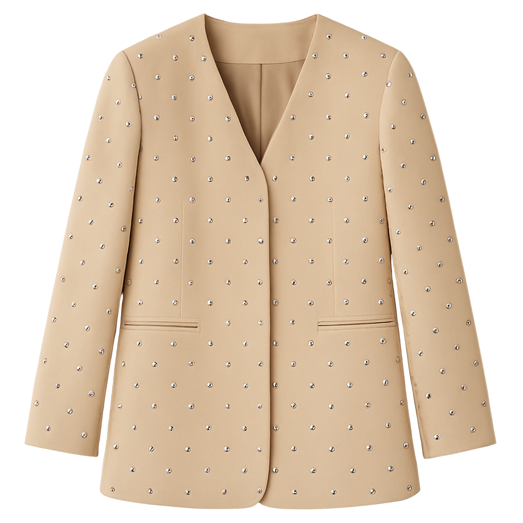 Beige tailored blazer from House of Roy featuring all-over silver stud embellishments — modern eveningwear with a bold, feminine edge