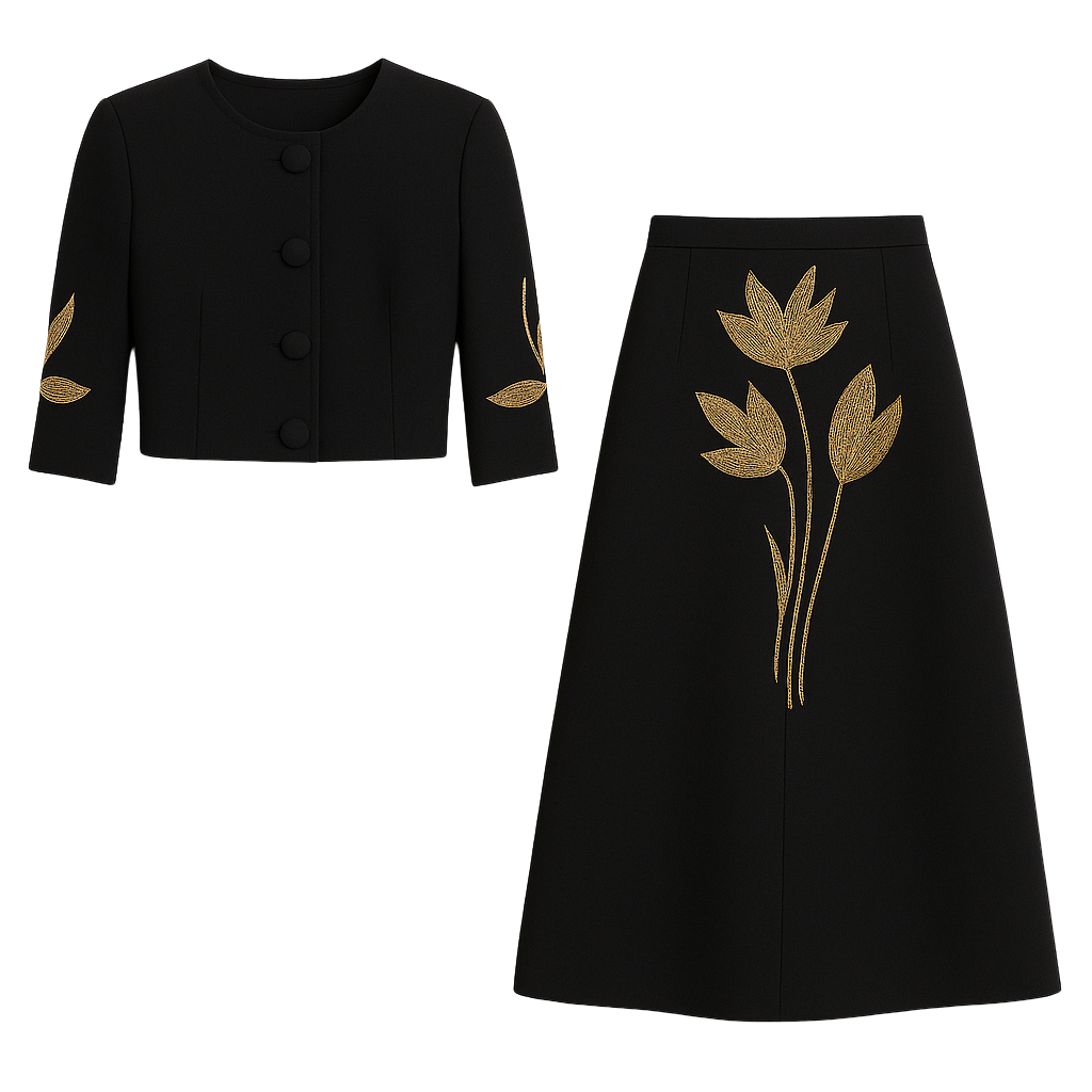 Flat lay of a black two-piece skirt suit with gold floral embroidery, featuring a cropped blazer and A-line skirt