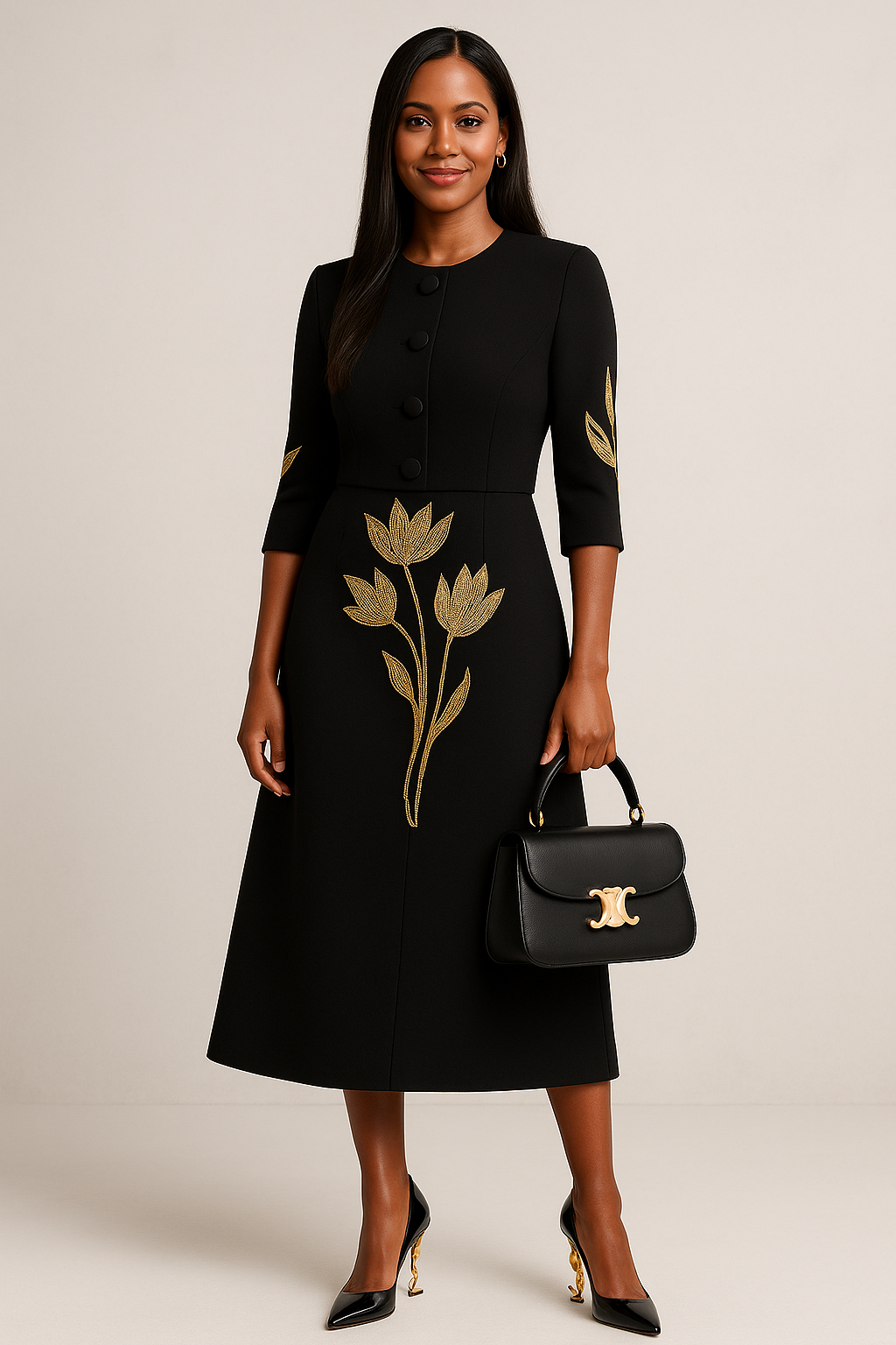 Flat lay of a black two-piece skirt suit with gold floral embroidery, featuring a cropped blazer and A-line skirt, styled with a black and gold top-handle celine handbag and YSL heels.