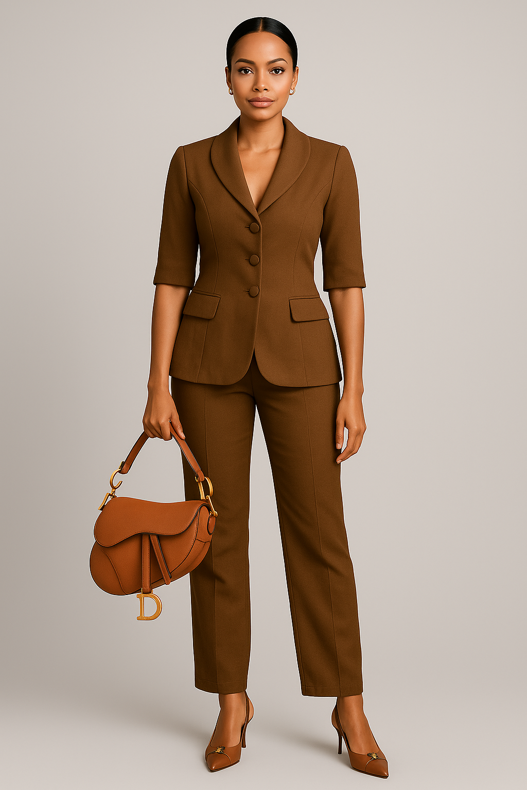 Brown short-sleeve waist cinched peplum blazer and wide-leg pants set from House of Roy — lightweight summer suiting with tailored sophistication on a model. 