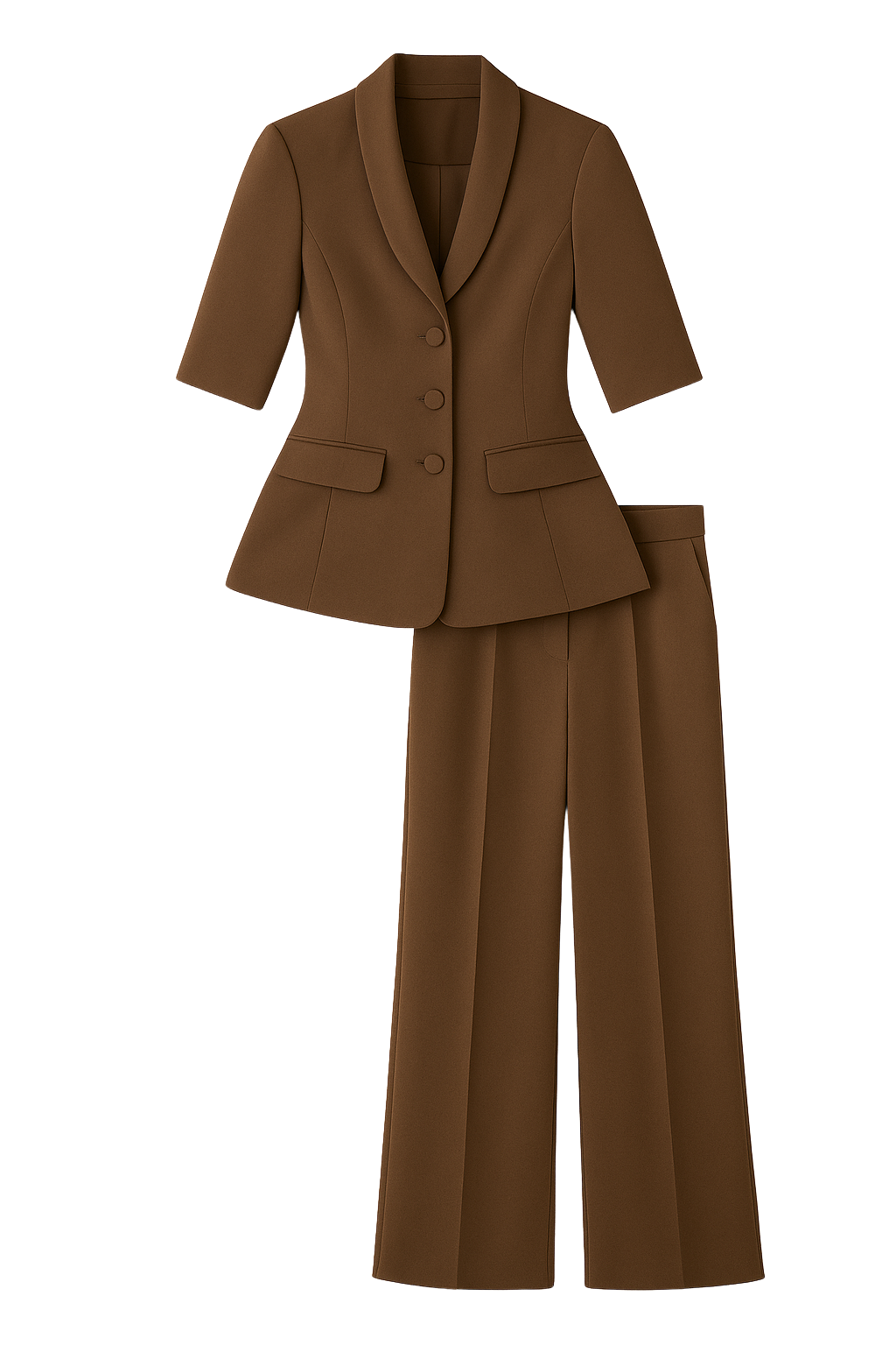 Brown short-sleeve peplum blazer and wide-leg pants set from House of Roy — lightweight summer suiting with tailored sophistication