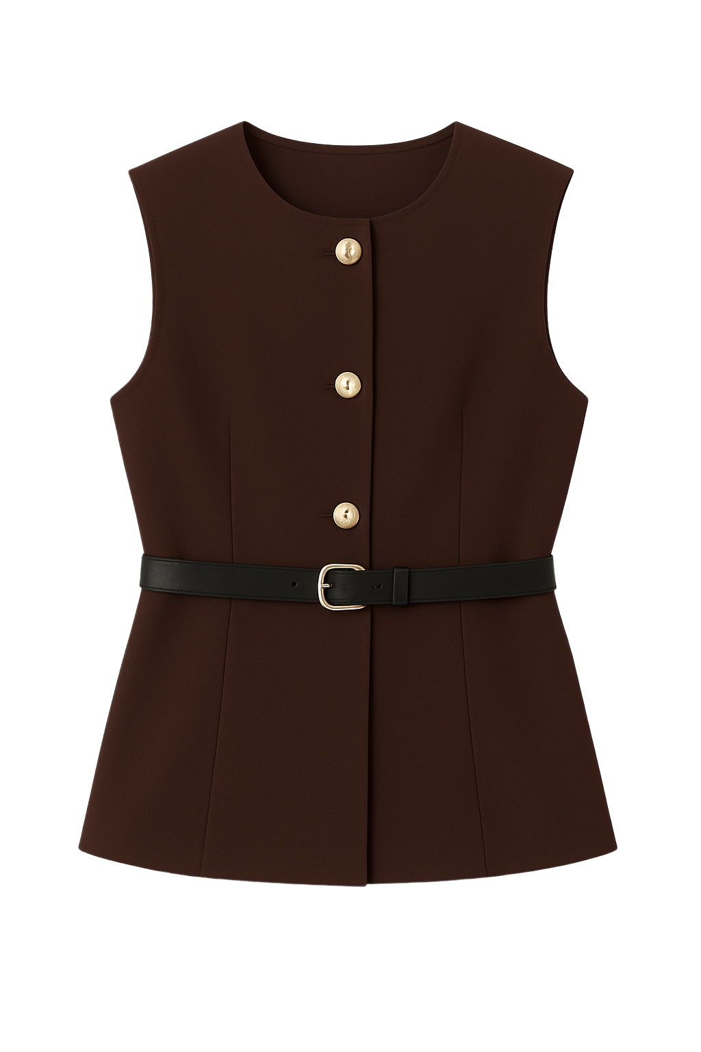 Flat lay of a sleeveless brown blazer-style top from House of Roy with gold buttons and belted waist — structured yet feminine layering piece for power dressing