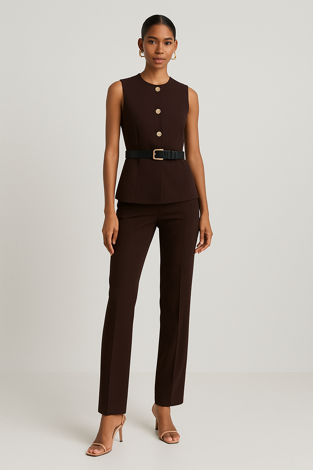 Sleeveless brown blazer-style top from House of Roy with gold buttons and belted waist — structured yet feminine layering piece for power dressing