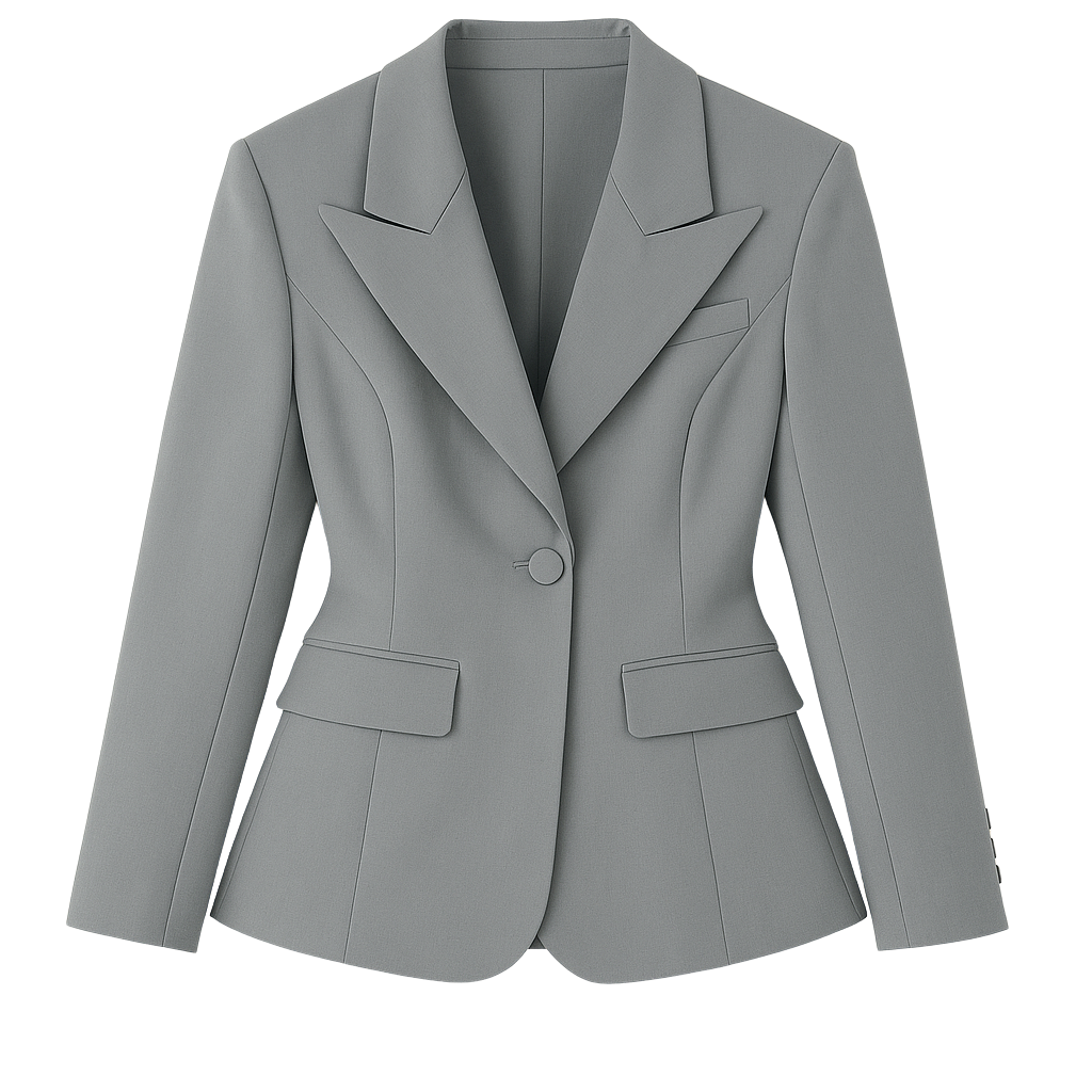 Flat lay of Grey structured cinched-waist blazer paired with black trousers and a black crocodile handbag from House of Roy — ultimate corporate power dressing look