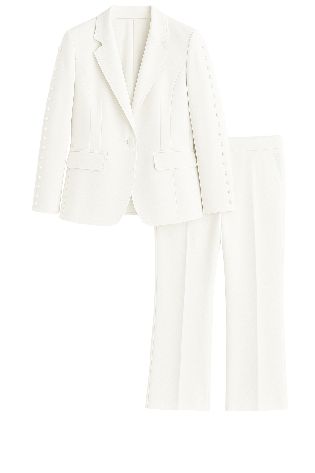 Ivory women's power suit by House of Roy with button-detail blazer and tailored pants.
