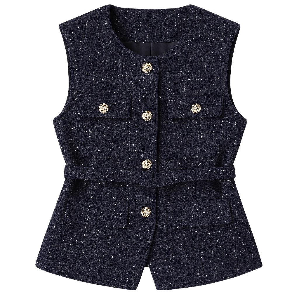 Flat lay of a navy tweed sleeveless blazer-style top with gold buttons from House of Roy — elegant structured piece for modern corporate dressing.