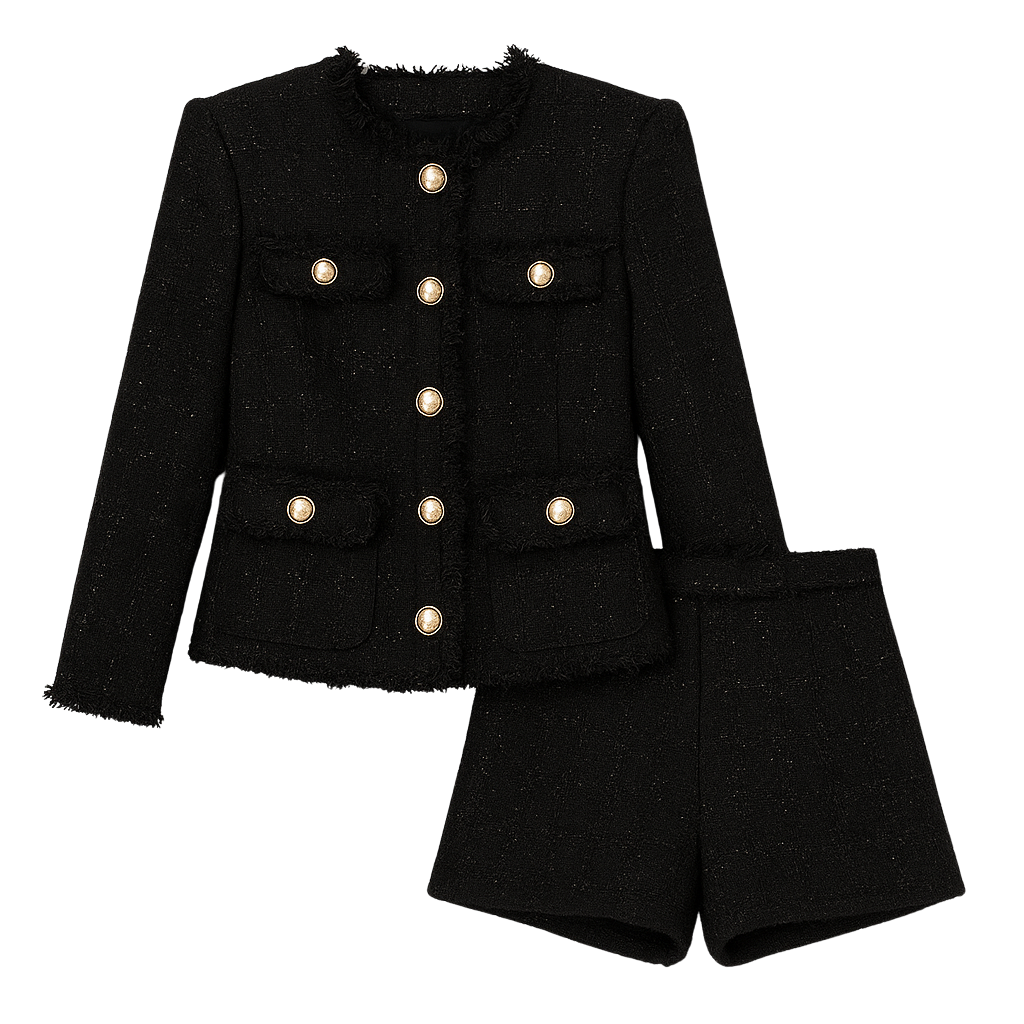 Black blazer and skirt set with gold buttons by House of Roy