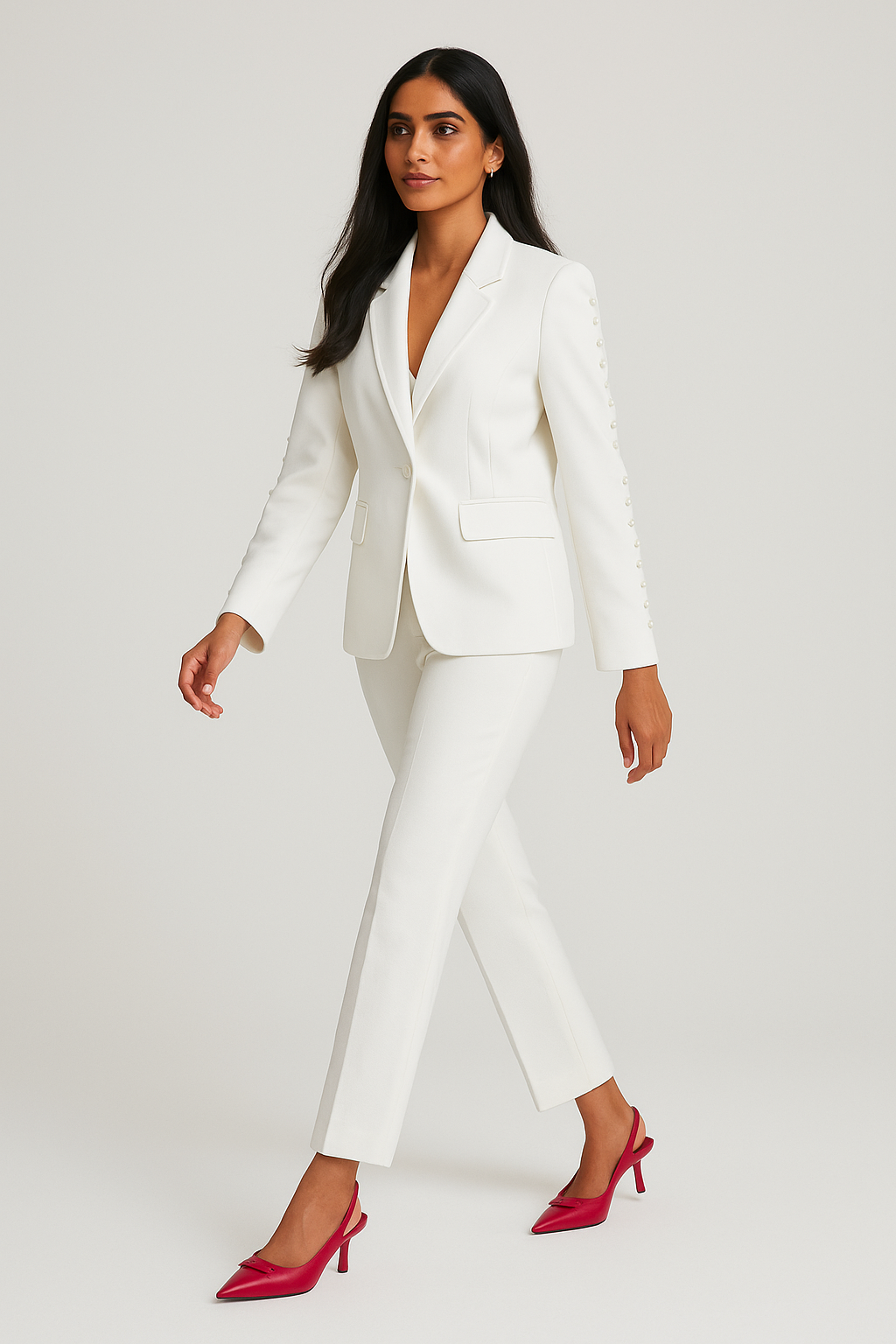 Ivory women's power suit by House of Roy with button-detail blazer and tailored pants.