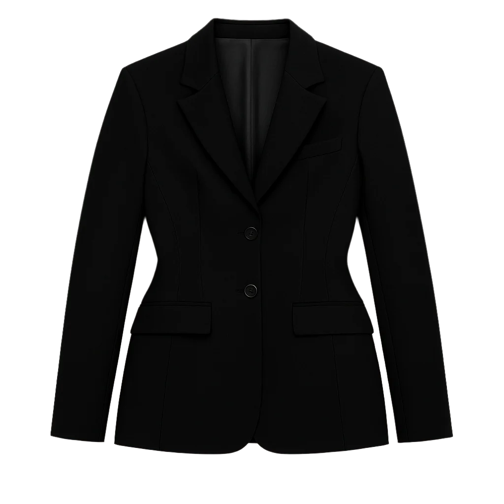 Flat lay of a black cinched blazer in the House of Roy Collection